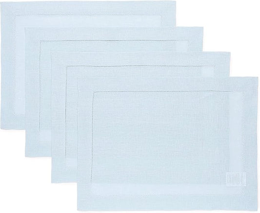 Solino Home Linen Placemats Set of 4 - Classic Hemstitch Light Blue Placemats 14 x 19 Inch - 100% Pure Linen Table Mats for Winter, New Year