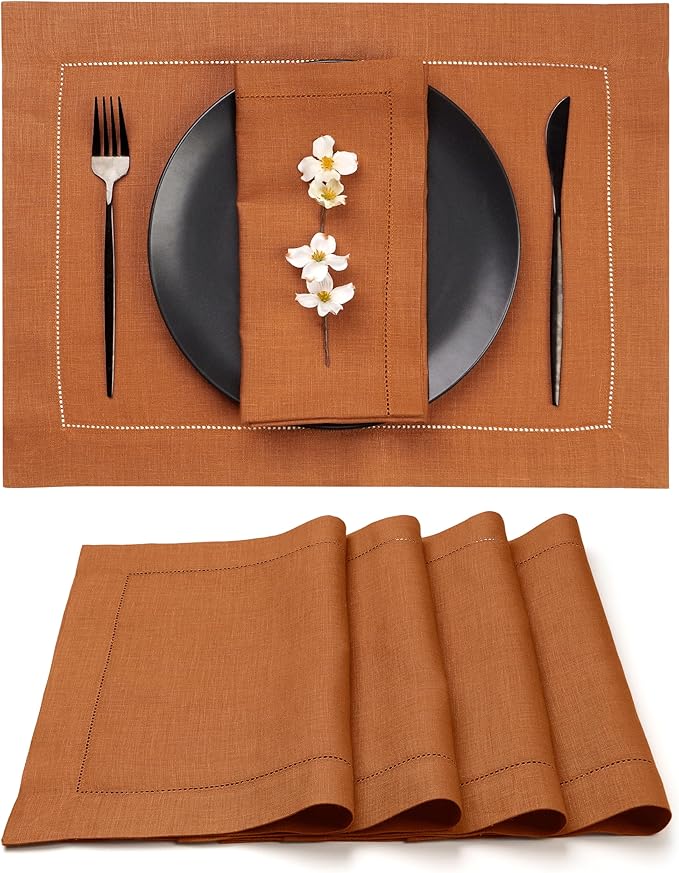 D'Moksha Homes Rust Linen Placemats Set of 4 - Classic Hemstitch Placemats 14 x 19 Inch - 100% Pure Linen Table Mats for Winter, Holiday, New Year - Handcrafted and Machine Washable