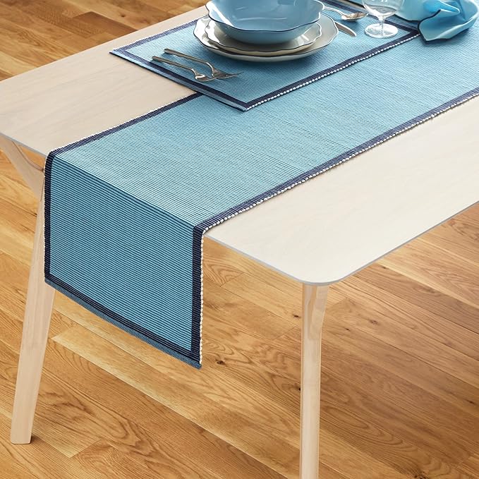 Kate Spade New York Garden Party Reversible 100% Cotton Table Runners Single Set, Woven Ribbed Design, Blue/Navy Blue, 14"x72"