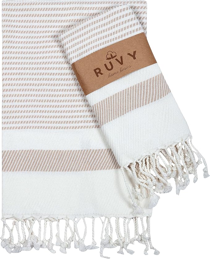 Ruvy Home Basics Turkish Hand Towels for Bathroom Set of 2 | 18"x40", Cotton | Decorative Towel for Bathroom, Kitchen, Dishcloth, Tea, Yoga, Face, Gym - Beige