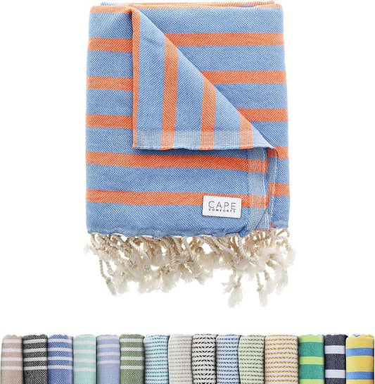 Large Turkish Beach Towel, Striped Denim Blue & Orange - 37'' x 67'' - Super Soft & Lightweight - Quick Dry Sand Free Travel Towels for Beach or Bath - Gifts