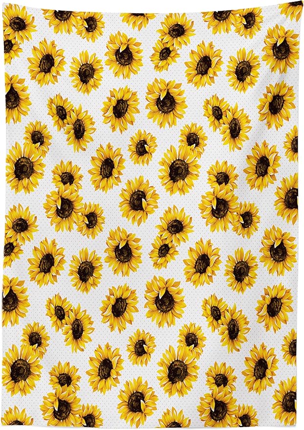 Ambesonne Sunflower Tablecloth, Sunflower Flowers on Polkadots Feminine Fresh Garden Fall Season Art, Dining Room Kitchen Rectangular Table Cover, 52" X 70", Yellow Seal