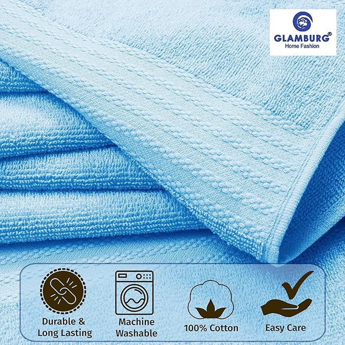 GLAMBURG Ultra Soft 8-Piece Towel Set - 100% Pure Ringspun Cotton, Contains 2 Oversized Bath Towels 27x54, 2 Hand Towels 16x28, 4 Wash Cloths 13x13 - Ideal for Everyday use, Hotel & Spa - Sky Blue