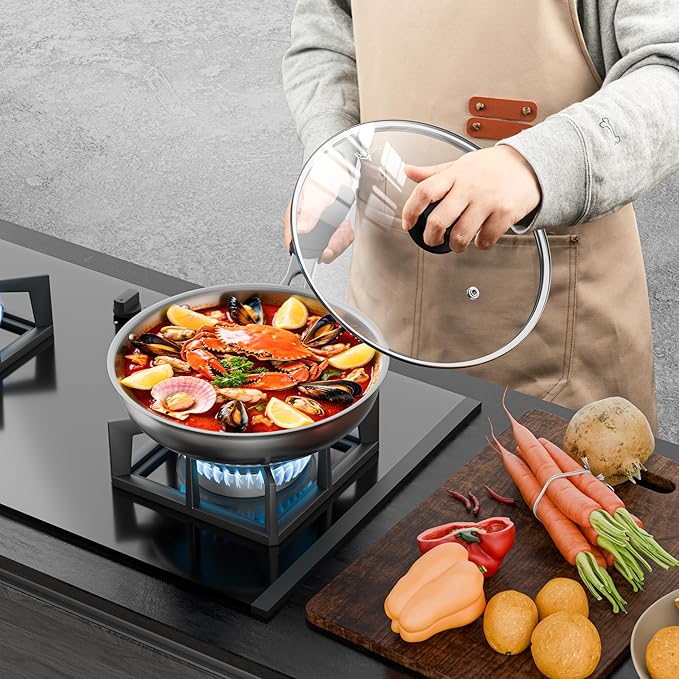 12 Inch Pan Lid For Pots Pans and Skillets, Cast Iron Skillet Lid, Large Tempered Glass Pan Lids, Replacement Pan Cover for Frying, Crock Pot Lid with Stainless Steel Rim, Cookware Pot Covers