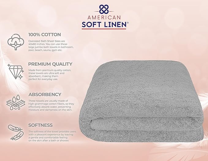 American Soft Linen Oversized Bath Sheet 40x80 Extra Large for Bathroom, 600 GSM 100% Cotton Turkish Jumbo Bathsheet Towels for Adults, Light Grey Bath Sheet