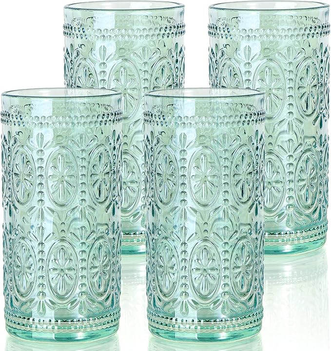 Green Drinking Glasses Set of 4, Vintage Drinking Glasses, Colored Glassware Drinking, Highball Beverage Glasses Cup, Vintage Glassware Set for Water, Juice, Cocktail, Coffee