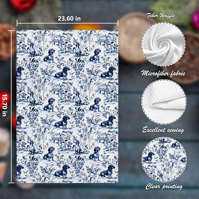 Chinoiserie Dachshund Kitchen Towels, Dachshund Gifts Decorative Dish Tea Towels, Blue and White Floral Botanical Grandmillennial Weiner Dog Hand Towels for Kitchen Bathroom, 16x24 Inch