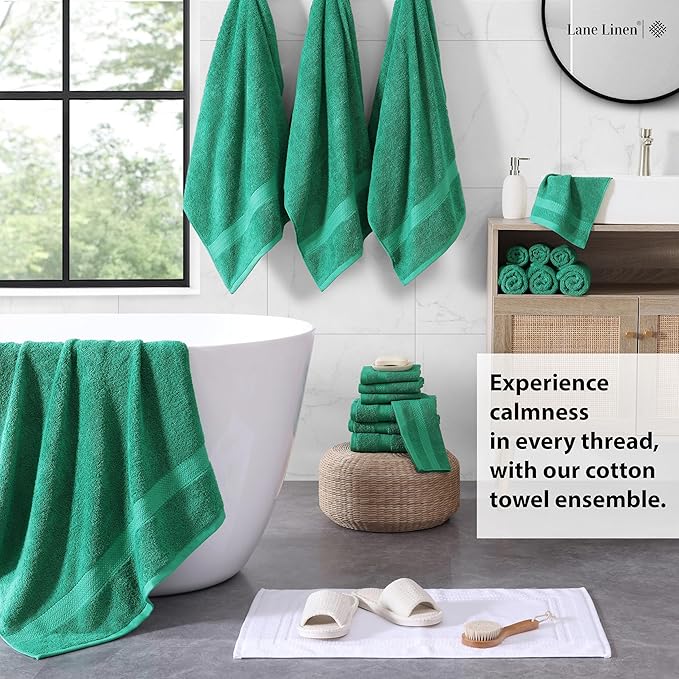 LANE LINEN 100% Ring Spun Cotton Premium Bath Towel Set, 18Pcs Turkish Towels & Washcloths Sets - 4 Bath, 8 Washcloths, 6 Hand - Sustainably Produced, Quick Drying & Gentle on Skin - Emerald