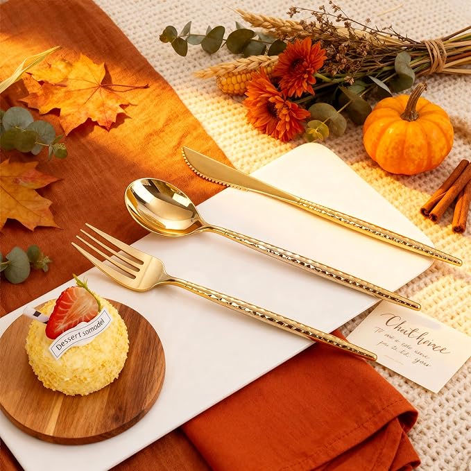 U-QE 180 PCS Gold Plastic Forks - 7.7 Inch Hammered Heavy Duty Plastic Forks - Elegant Gold Plastic Silverware - Perfect for Parties & Weddings and Other Daily Events