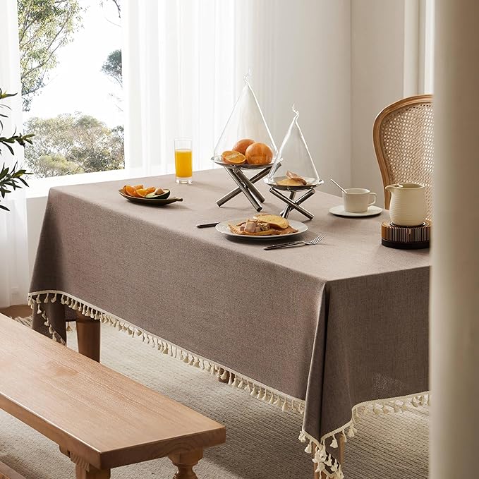 Linen Tablecloth with Tassels, Farmhouse Style Brown Tablecloth, Water Resistant Burlap Tablecloths for Rectangle Table, 60x120 Inch Cocoa Brown