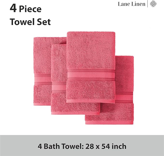 Lane Linen 100% Cotton Large Bath Towels Set of 4 (28"x54") - Zero Twist, Mercerized Cotton Bathroom Towel Sets - Quick Dry, Soft & Absorbent Large Towels Set - Dorm Essentials for Girls - Honeysuckle
