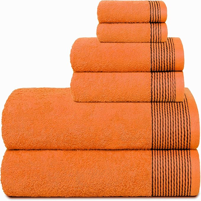 Belizzi Home 100% Cotton Ultra Soft 6 Pack Towel Set, Contains 2 Bath Towels 28x55 inchs, 2 Hand Towels 16x24 inchs & 2 Washcloths 12x12 inchs, Compact Lightweight & Highly Absorbant - Orange