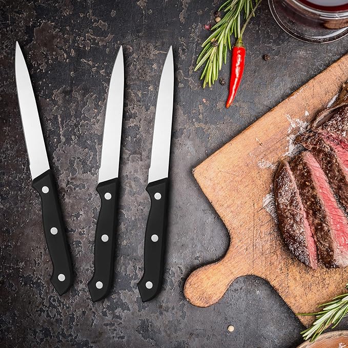 Lasnten 100 Pcs 8.78 Inches Stainless Steel Steak Knives Set Pointed Tip Plastic Handle Kitchen Steak Knife for Restaurant Tableware Camping Wedding Party, Black