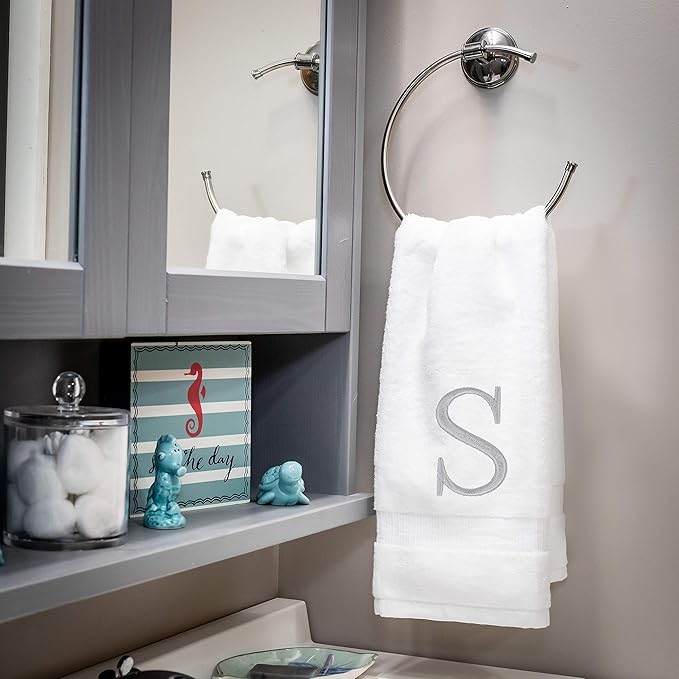 Monogrammed Hand Towels for Bathroom - Luxury Hotel Quality Personalized Initial Decorative Embroidered Bath Towel for Powder Room, Spa - GOTS Organic Certified - Set of 2 Letter S