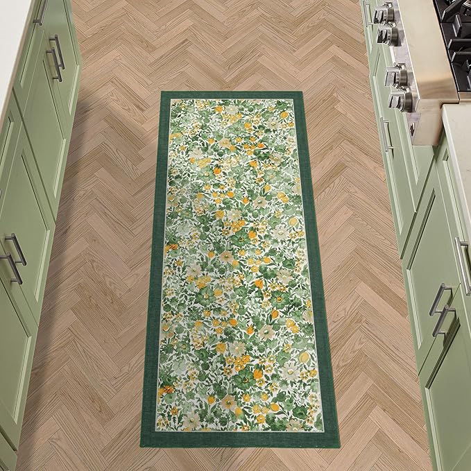 Laura Ashley Green Lovestone Floral Machine Washable & Slip Resistant 26" x 60" Runner Rug