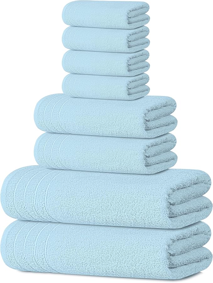 Tens Towels Pack of 8 Towels Set, 2 Extra Large Bath, 2 Hand, 4 Washcloths, 100% Cotton, Lighter Weight, Quicker to Dry, Super Absorbent, Perfect for Bathroom, Sky Blue