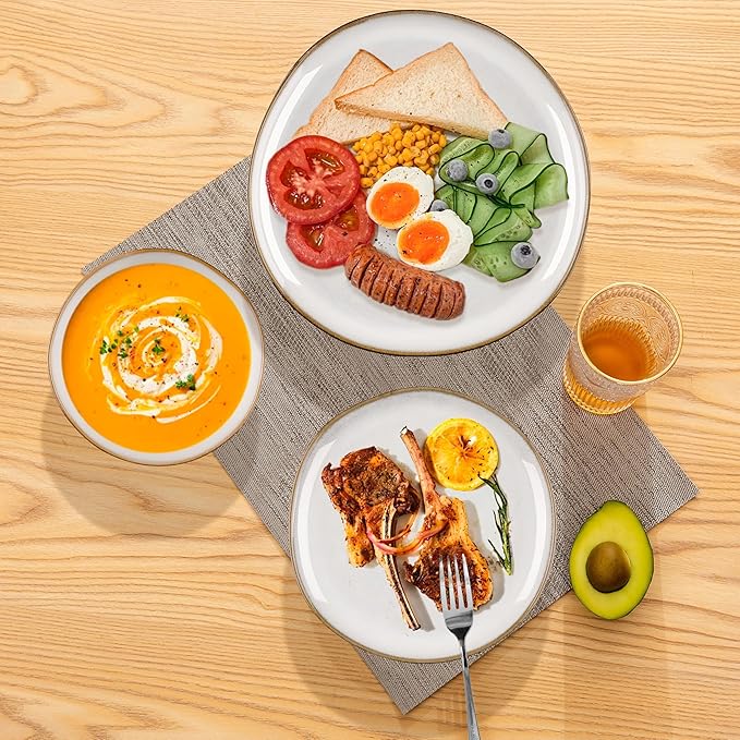 Herogo 24Pcs Plates and Bowls Dinner Set, Stoneware Dinnerware Dishes Sets for 8, Ceramic Dishware Tableware Includes Dinner Salad Plates, Soup Bowls, Microwave & Dishwasher Safe, Pearl White