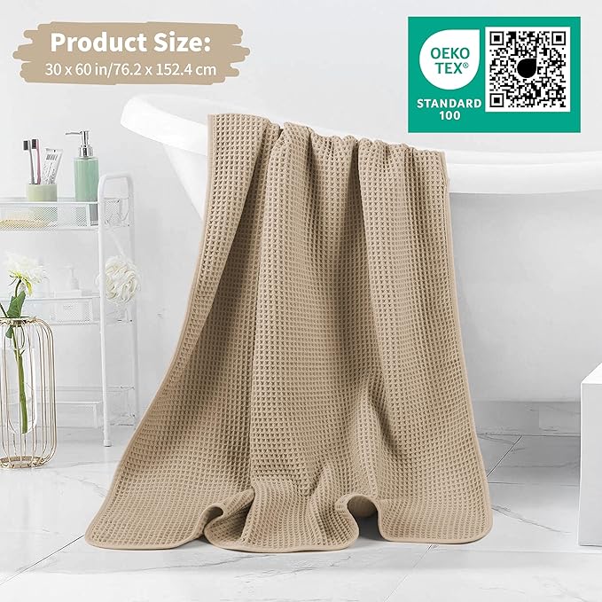 New Microfiber Waffle Bath Towels, 2 Pieces, Oversized, Soft, Absorbent, Fast Drying, Lint Free (Beige)