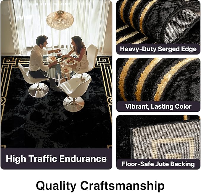 Well Woven Lezlee Abstract Modern 2'7" x 9'10" Runner - Black Gold Marble Border Elegant & Soft Rug - Perfect for Hallway, Entryway, Kitchen