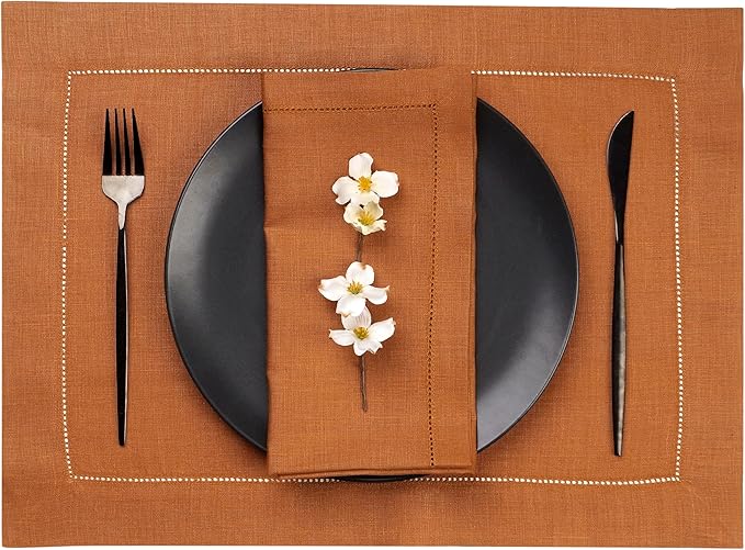 D'Moksha Homes Rust Linen Placemats Set of 4 - Classic Hemstitch Placemats 14 x 19 Inch - 100% Pure Linen Table Mats for Winter, Holiday, New Year - Handcrafted and Machine Washable