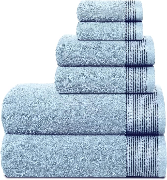 Belizzi Home 100% Cotton Ultra Soft 6 Pack Towel Set, Contains 2 Bath Towels 28x55 inchs, 2 Hand Towels 16x24 inchs & 2 Washcloths 12x12 inchs, Compact Lightweight & Highly Absorbant - Sky Blue