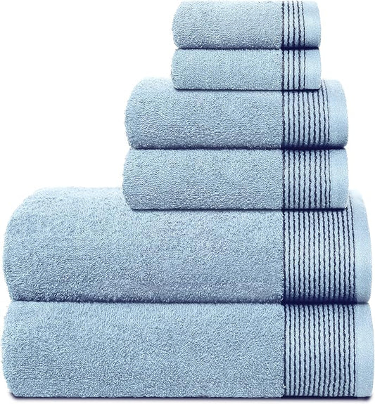 Belizzi Home 100% Cotton Ultra Soft 6 Pack Towel Set, Contains 2 Bath Towels 28x55 inchs, 2 Hand Towels 16x24 inchs & 2 Washcloths 12x12 inchs, Compact Lightweight & Highly Absorbant - Sky Blue