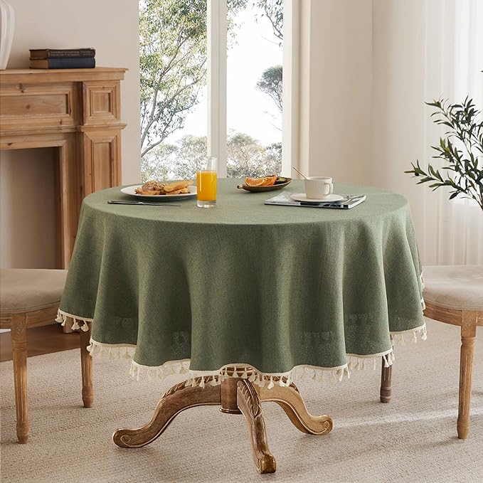 Linen Tablecloth with Tassels, Farmhouse Style GreenTablecloth, Water Resistant Burlap Tablecloths for Round Table, 52 Inch Round Olive