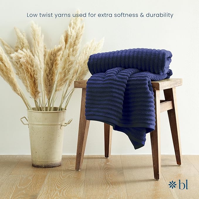 Blue Loom Ribbed Hand 2 Towels Set, 100% Cotton 600GSM, Soft Absorbent Durable Quick Drying for Bathroom - Mason 2 Piece 18" x 30" - Navy