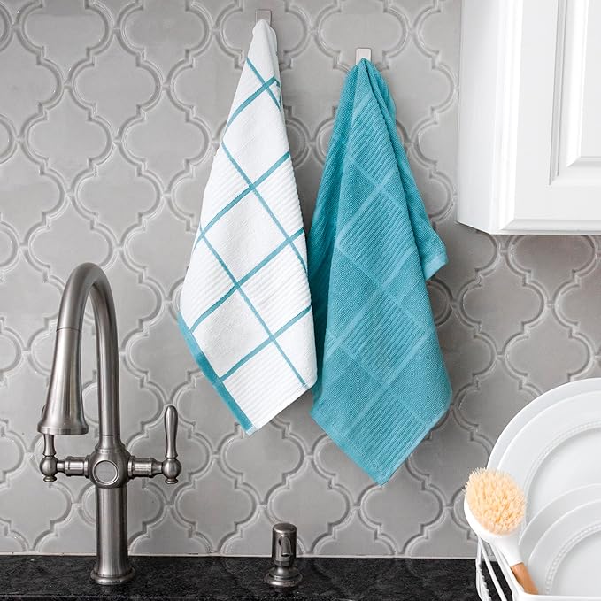T-fal Solid & Checked Parquet Kitchen Towels: Highly Absorbent, Super Soft Long Lasting - 100% Cotton, 16"x26" Dish Towels for Cleaning & Drying Dishes, Pans, Glassware, or Countertops, 2-Pack, Breeze