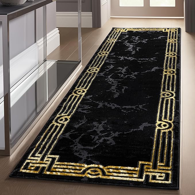 Well Woven Lezlee Abstract Modern 2'3" x 7'3" Runner - Black Gold Marble Border Elegant & Soft Rug - Perfect for Hallway, Entryway, Kitchen