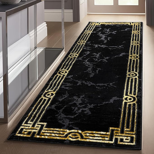 Well Woven Lezlee Abstract Modern 2'3" x 7'3" Runner - Black Gold Marble Border Elegant & Soft Rug - Perfect for Hallway, Entryway, Kitchen