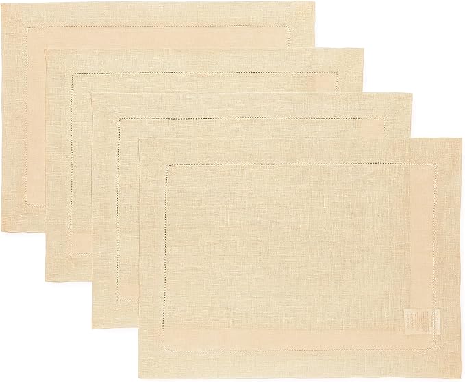 Solino Home Linen Placemats Set of 4 - Classic Hemstitch Beige Placemats 14 x 19 Inch - 100% Pure Linen Table Mats for New Year
