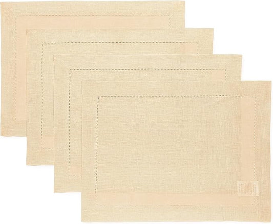 Solino Home Linen Placemats Set of 4 - Classic Hemstitch Beige Placemats 14 x 19 Inch - 100% Pure Linen Table Mats for New Year