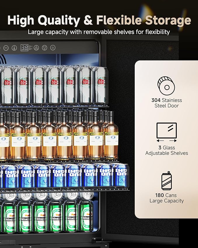 24 Inch Beverage Refrigerator, 180 Can Under Counter Fridge, Stainless Steel Beer Fridge for Built-in & Freestanding, Outdoor Refrigerator for Soda, Beer, Wine (Black)