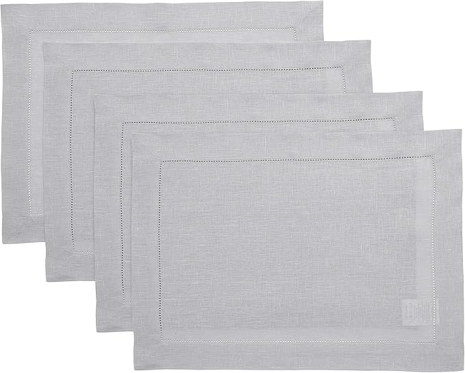 Solino Home Linen Placemats Set of 4 - Classic Hemstitch Soft Grey Placemats 14 x 19 Inch - 100% Pure Linen Table Mats for Winter, New Year