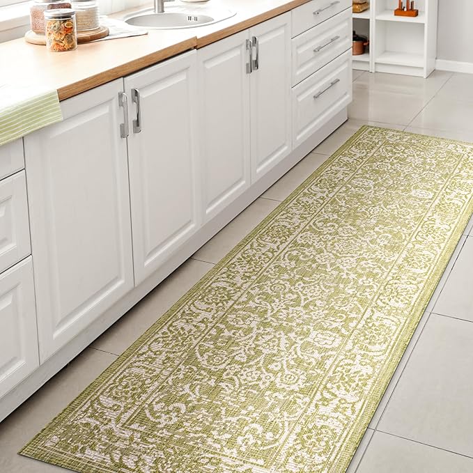 JONATHAN Y Weave Floral Indoor Outdoor Runner Rug 2X10 Green/Cream, Tela Bohemian Textured for Backyard, Patio, Porch, Easy-Cleaning, High Traffic, Pet-Friendly, Non-Shedding (SMB100D-210)