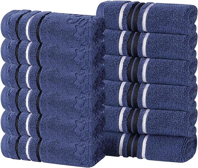 Superior Cotton Face Towel/Washcloth Set, Small Facial Towels, Spa, Hotel, Guest, Home, Bathroom Basics, Plush Soft Absorbent, Luxury Quick Drying, Zero Twist, Assorted Floral Set of 12, Navy Blue