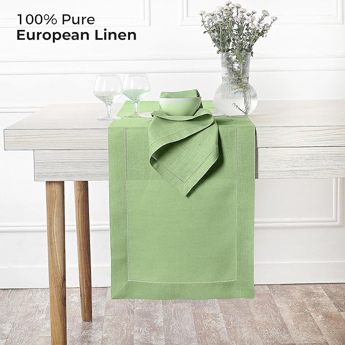 D'Moksha Homes Linen Sage Green Table Runner 120 Inches Long - 100% Pure Linen Hemstitch 14 x 120 Inch Table Runner for Dining, Winter, Holiday, New Year - Classic Hemstitch