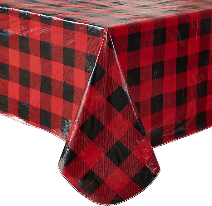 Newbridge Holiday Buffalo Plaid Vinyl Christmas Tablecloth with Flannel Backing, Red & Black Rustic Cottage Check, Wipe Clean, 52 x 52 Inch Square
