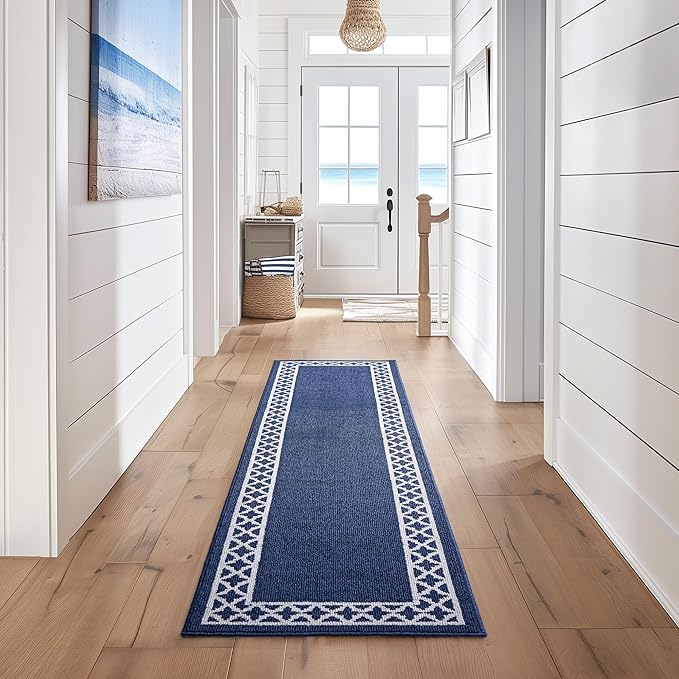 Nautica – Runner Rug | Indoor Runners for Hallways and Entry Rugs| Non-Slip and Non-Skid Entry and Kitchen Door Mat| Machine Washable Entryway Carpet Rugs | 2'2" x 8'| Trellis Denim