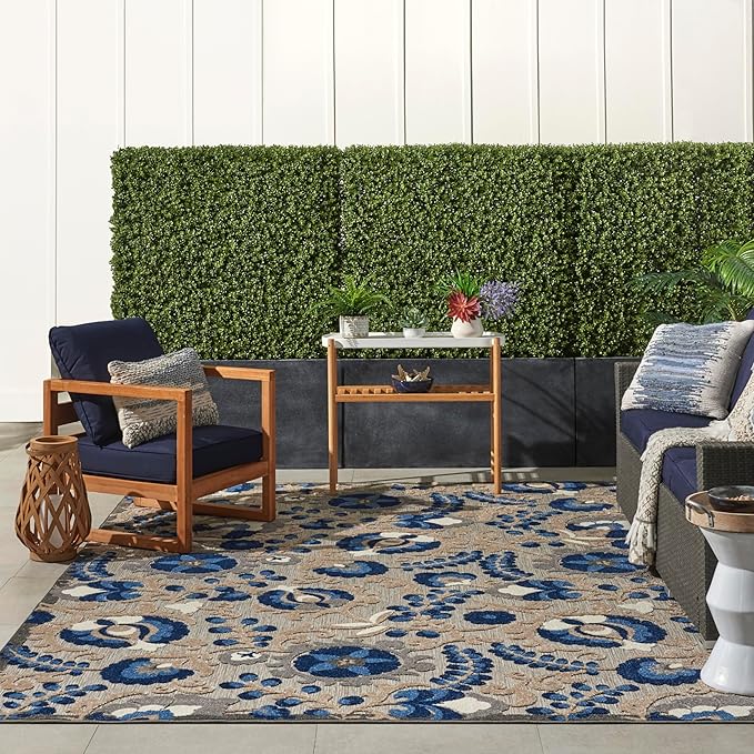 Nourison Aloha Indoor/Outdoor Natural/Blue 7' x 10' Area Rug, Easy Cleaning, Non Shedding, Bed Room, Living Room, Dining Room, Backyard, Deck, Patio (7x10)