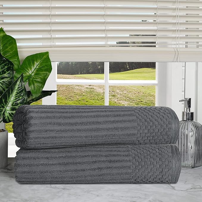 Cotton 2-Piece Solid and Ribbed Bath Sheet Set, Bath Sheets- 34" x 68", Charcoal by Superior