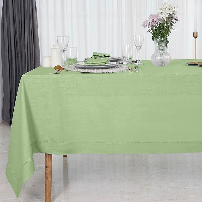 D'Moksha Homes Sage Green Linen Tablecloth for Rectangle Tables 60 x 102 Inch - Classic Hemstitch 100% Pure Linen Green Table Cloth - Machine Washable Dining Tablecloth for Winter, Holiday