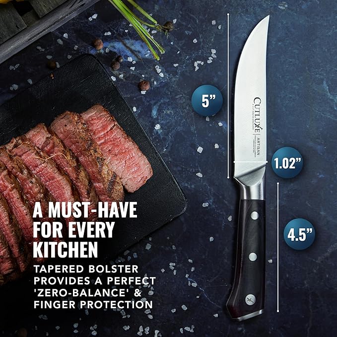 Cutluxe Steak Knives Set of 4, Straight Edge Steak Knife Set – Forged High Carbon German Steel, Full Tang, Ergonomic Handle Design – Artisan Series