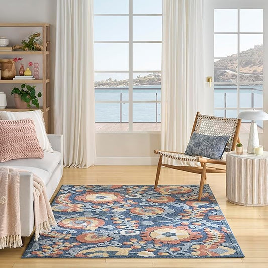 Nourison Home Aloha Blue Rose 5'3" x 7'5" Area Rug - Easy Clean, Non Shedding, Bed Room, Living Room, Dining Room, Kitchen (5' x 8')