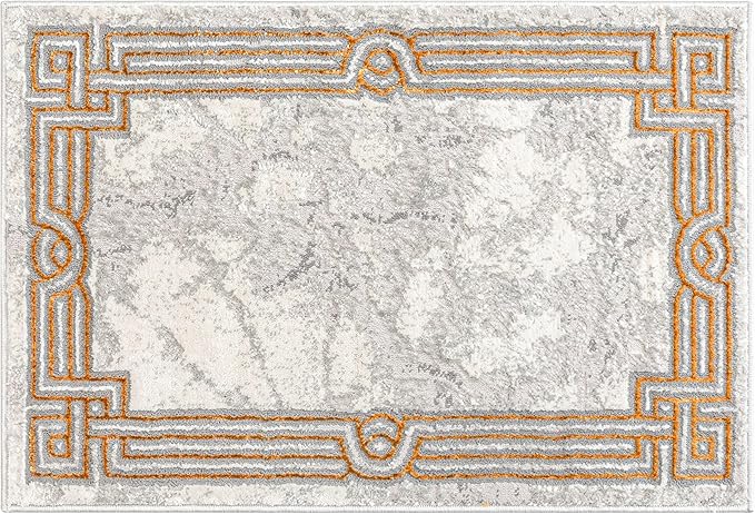 Well Woven Fairmont Collection Huntington Grey Gold & Ivory Marble Border Elegant & Soft 2x3 Mat Rug Perfect for Entryway & Bedroom Durable Stain Resistant & Easy to Clean