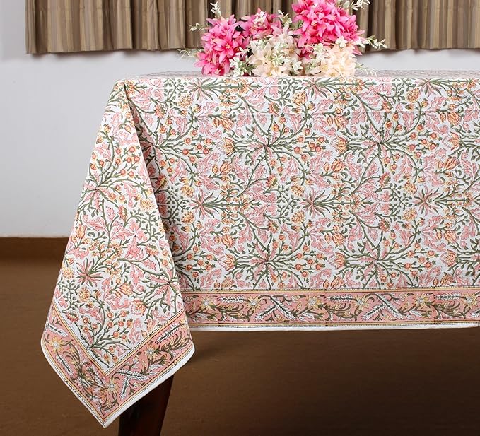 Ridhi Sassy Salmon Emerald Green Hand Block Print Cotton Rectangle Tablecloth 118" x 70" inches Reusable Table Cover Decorative Everyday Use for Dining, Farmhouse, Home, Party, Festive, Wedding, Fall