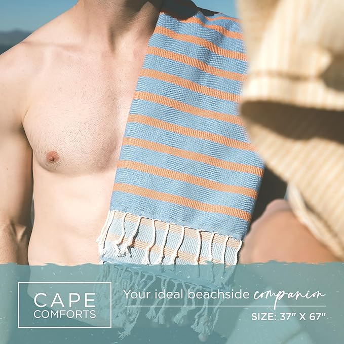 Large Turkish Beach Towel, Striped Denim Blue & Orange - 37'' x 67'' - Super Soft & Lightweight - Quick Dry Sand Free Travel Towels for Beach or Bath - Gifts