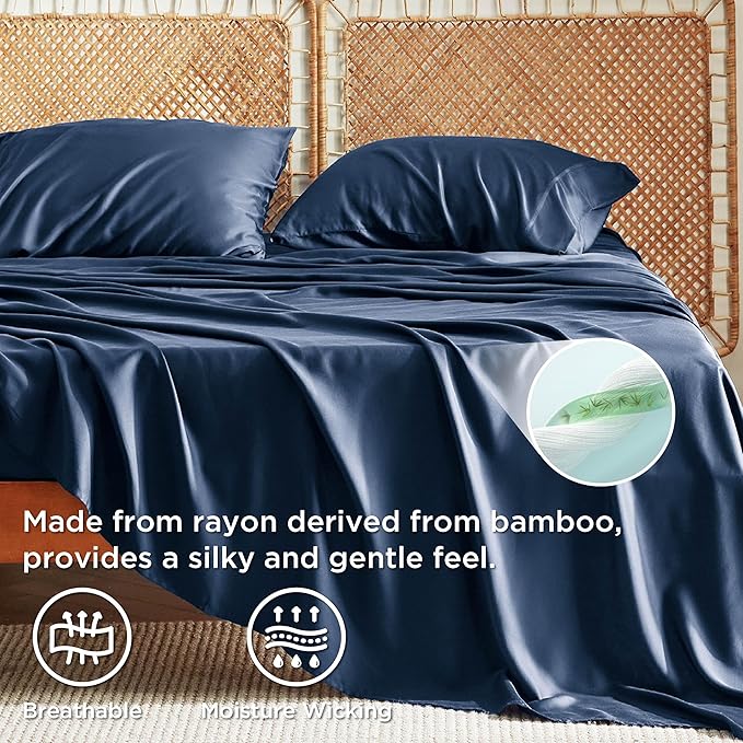 Bedsure King Size Sheets Set, Cooling Sheets for Hot Sleepers, Rayon Derived from Bamboo, Breathable & Soft, Deep Pocket Up to 16 Inches, Hotel Luxury Silky Bedding, Navy