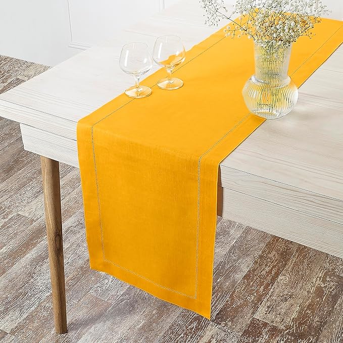 D'Moksha Homes Linen Sunflower Yellow Table Runner 120 Inches Long - 100% Pure Linen Hemstitch 14 x 120 Inch Table Runner for Dining, Winter, Holiday, New Year - Classic Hemstitch